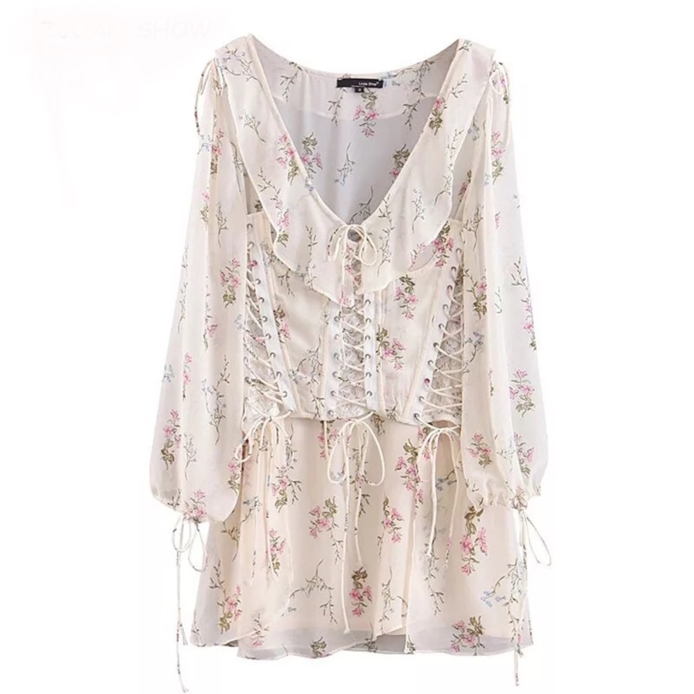 Corset dress lace up floral womens 2PCSet sexy - Picture 5 of 11